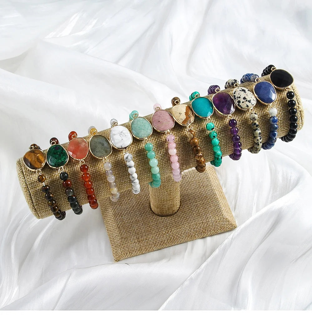 JH Wholesale Bohemian Simple Style 6mm Natural Stone Beaded Elastic Bracelet Faced Stone Charm Bracelet