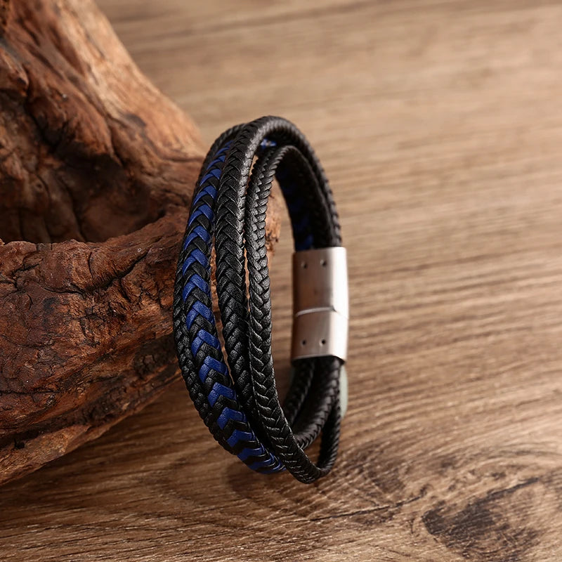 Trendy Genuine Leather Man Bracelet Jewelry Stainless Steel Braided Leather Bracelet for Man