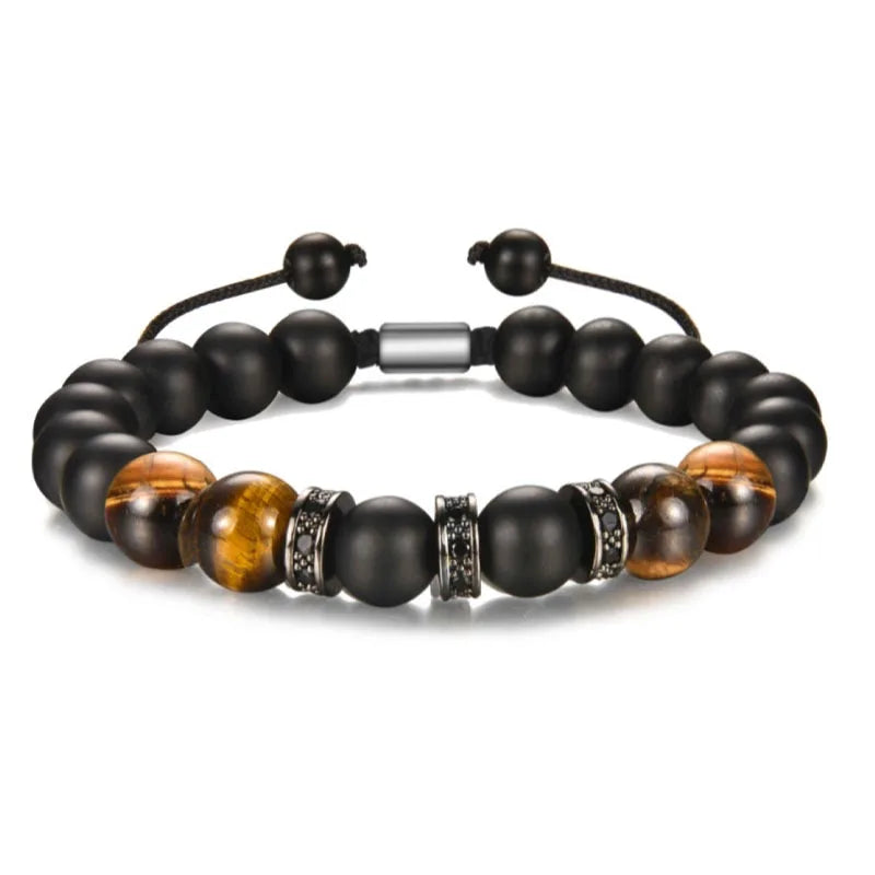 Men's Classic Obsidian Frosted Woven Beaded Bracelet Tiger Eye Volcanic Stone Geometric Fashion Jewelry Bangle for Football Fans