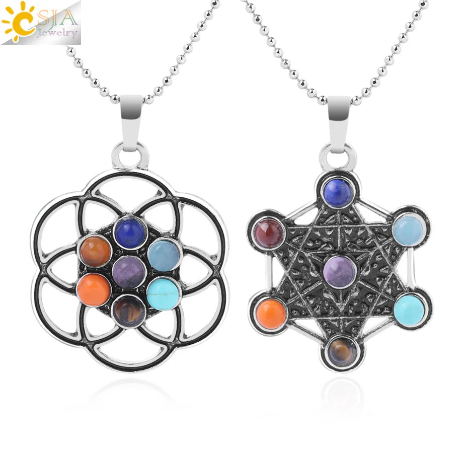 CSJA Merkaba Pendant Necklace Antique Silver Color Reiki 7 Chakra Life Tree Charm Pendants in Stainless Steel Jewelry F767