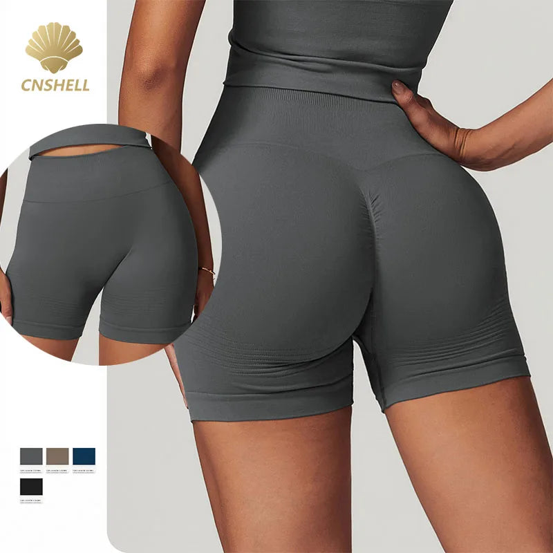 CNSHELL Custom Logo Nylon Seamless Tight High Waist Scrunch Butt Jacquard Ribbed Waistband Yoga Workout Gym Fitness Sport Shorts