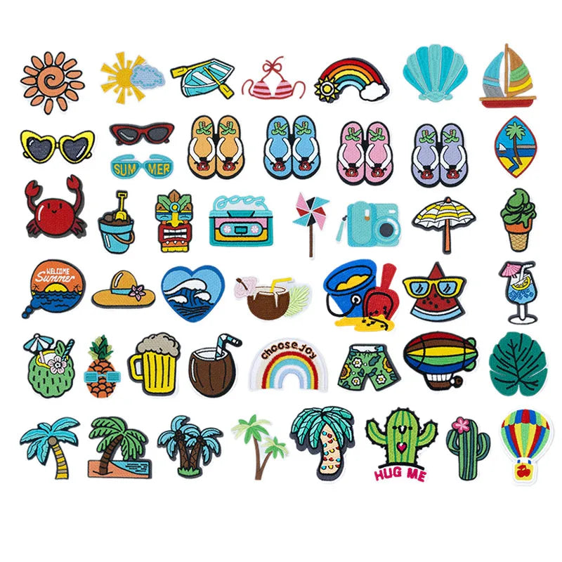 Embroidery Iron on Summer Beach Holiday Style Coconut Tree Sun Slipper Crab Camera Sunglass Patch for Clothing Bag
