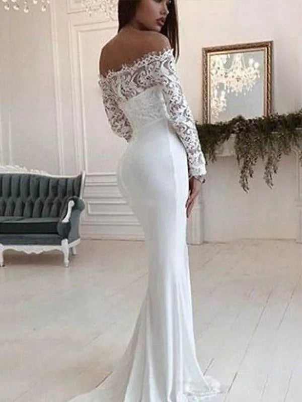 New Arrival Ladies Shoulder Lace Long Sleeve Wedding Dress Sweep Floor Length  Wedding Dresses