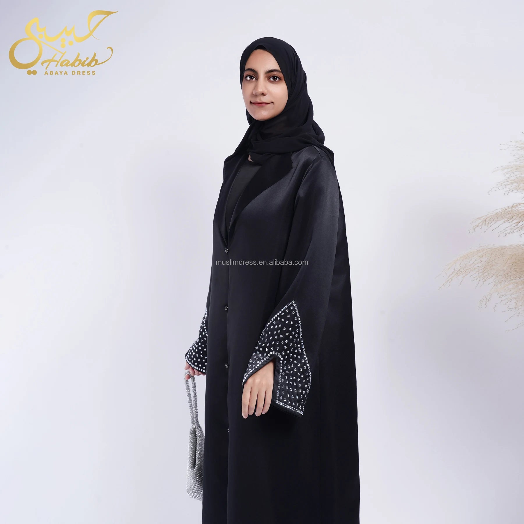 For Black Satin Polyester Breathable High Quality Open Abaya Coat with Rhinestones Wholesale
