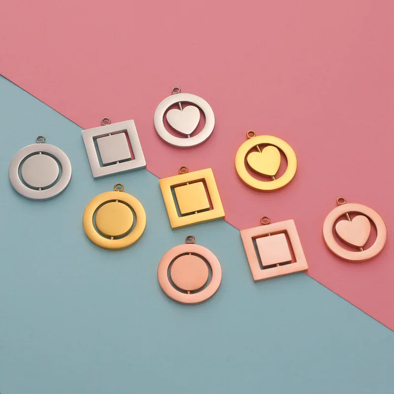 Wholesale New Creative Mirror Round Heart Pendants Stainless Steel Rectangular High Polished Rotatable Charms for Jewelry Making