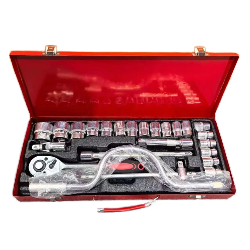 24-Piece Red Iron Box Set Hand Mechanic Tools Carbon Steel Material Car Repair Tool Box Ratchet Wrench Socket OEM Customized