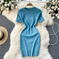 Short Sleeve O-Neck Solid Sheath Dress Summer Simple Knitting High Waist Mini Dress Ladies Elegant Dresses Clothes Women