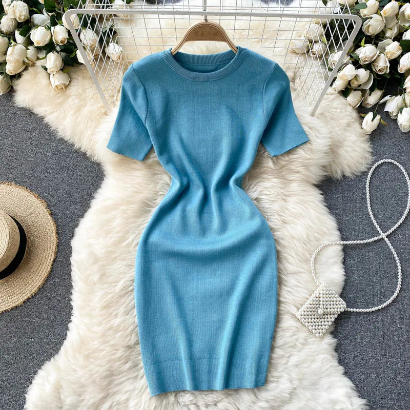 Short Sleeve O-Neck Solid Sheath Dress Summer Simple Knitting High Waist Mini Dress Ladies Elegant Dresses Clothes Women