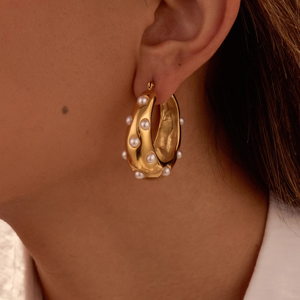 Special High Polished Trendy Jewelry Stainless Steel 18k Gold Plated Big Size Zircon Pearl Hoop Earrings Women