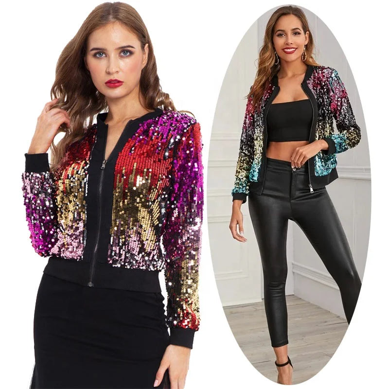 Womens Rainbow Sequin Jackets Multicolour Glitter Blazer Colourful Sparkly Tops Party Clothes Fashion Coat Bomber Jacket