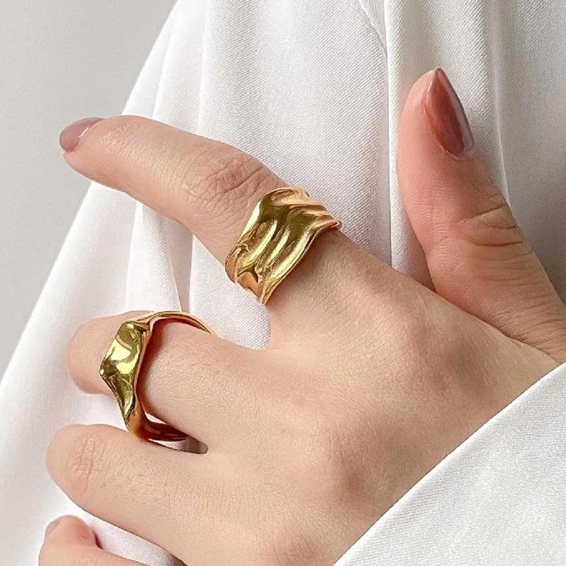 MICCI Wholesale Custom PVD 18k Gold Plated Stainless Steel Wrinkle Irregular Texture Ring for Women Jewelry