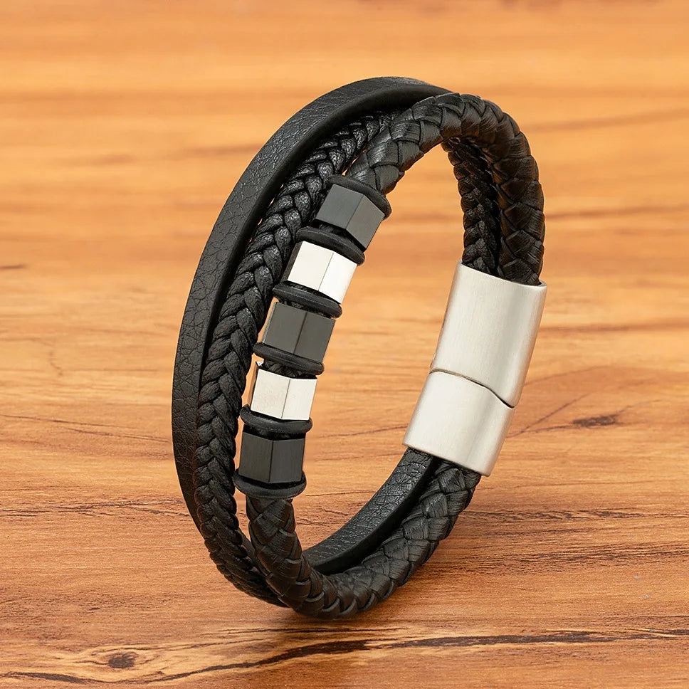 Vintage Genuine Leather Bracelets Charm Stainless Steel Magnetic Clasp Bangles Leather Bracelet for Men Jewelry Gift