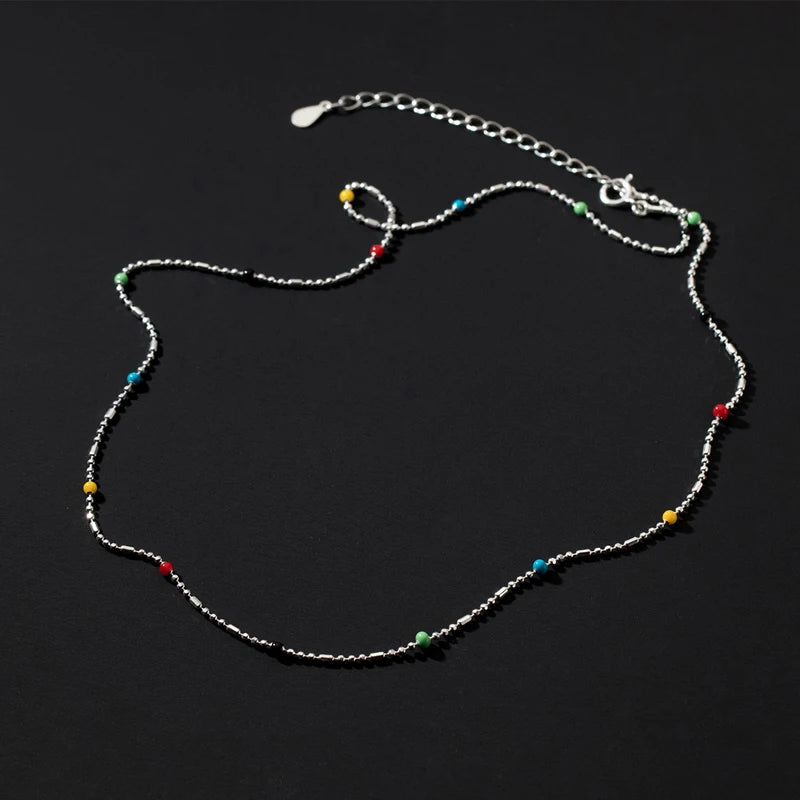 925 Sterling Silver Jewelry Rainbow Dot Beaded Necklace for Women Gifts