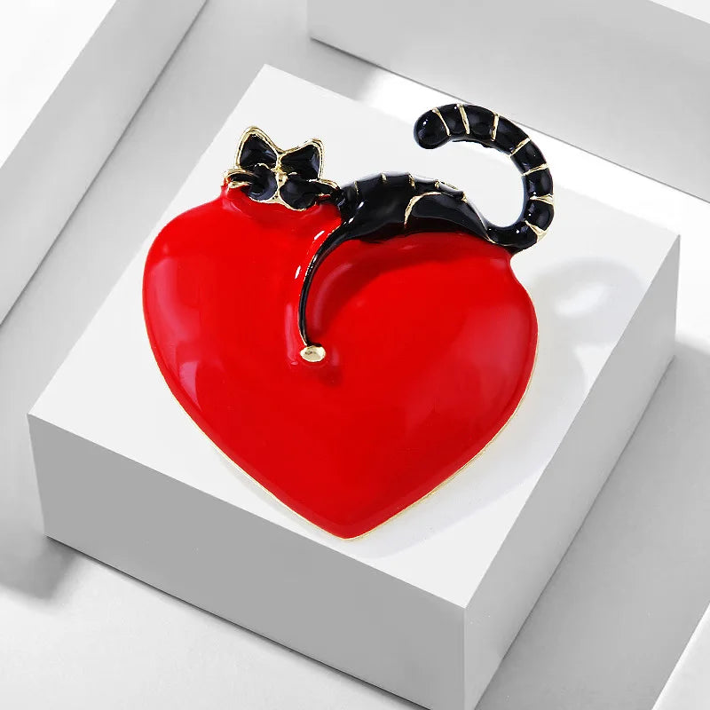 Go Party Women's Fashion Brooches Cute Metal Oil Drop Black Cat & Red Love Heart Pins Cartoon Animal Design Enamel Brooches