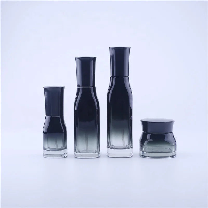 New Cosmetics Quartet Gradient Black Glass Essence Lotion Pressing Pump Sprayer Cream  Packing Bottle with Wood Grain Cover