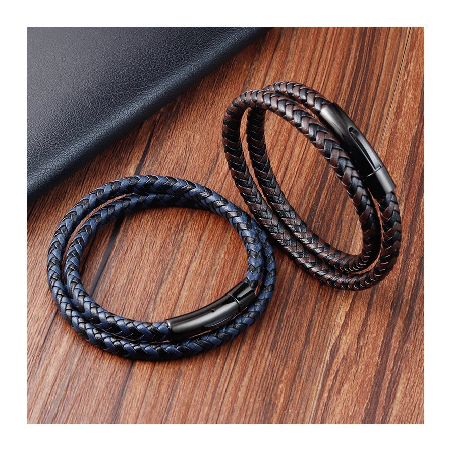 High Quality Luxury Custom Men's Genuine Leather Bracelet Stainless Steel Clasp Black Braided Cord Handmade Rope Perfect Gift