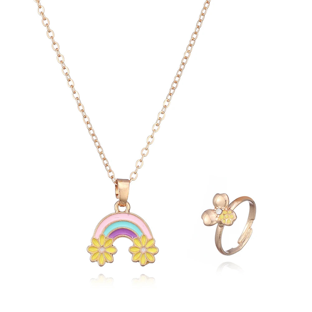 Cute Rainbow Zinc Alloy Pendant & Ring Set Gold Plated Fashionable Jewelry for Teenage Girls for Wedding Anniversary Occasions