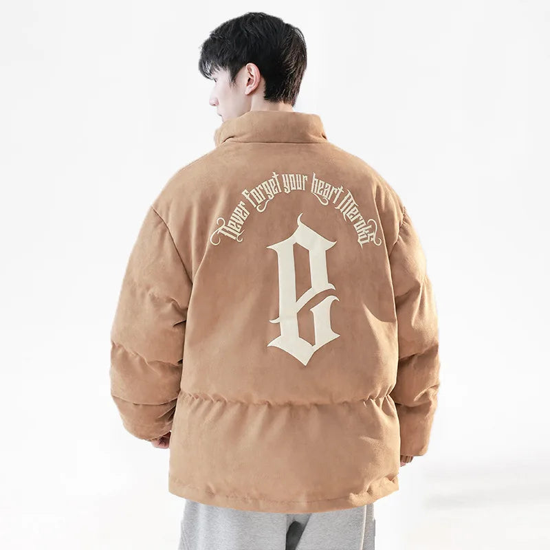2022 Men Casual Winter Jacket Hip Hop Style Puffer Jacket for Men Plain Color Suede Puffer Jacket