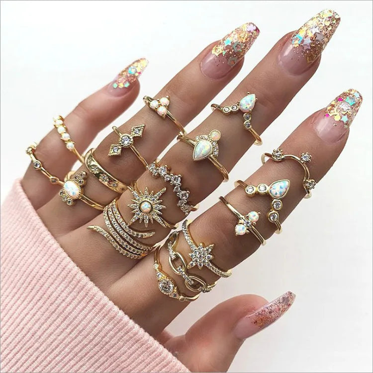 Boho  Luxury Clear Crystal Stone Wedding Ring Women Water Drop Flowers Sun Geometric Jewelry Sun Ring Set Anillo De so