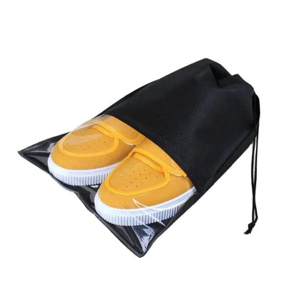 Custom Non-woven Drawstring Shoes Dust Bag With PVC Window Shoe Packaging Bag