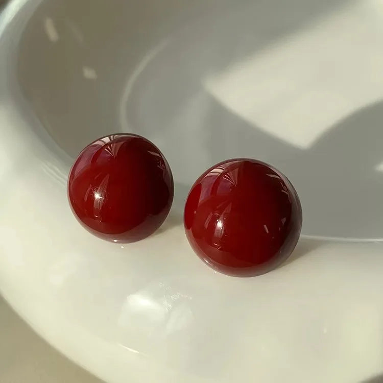 Dainty Red Enamel Round Stud Earrings Big Ball & Oil Drop Design Gold Plated Jewelry for Women-for Weddings & Parties