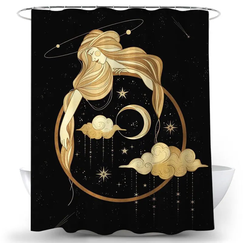 Cartoon Moon Girl Shower Curtain Meditate Girl Bathroom Decor Waterproof Polyester Hanging Curtain