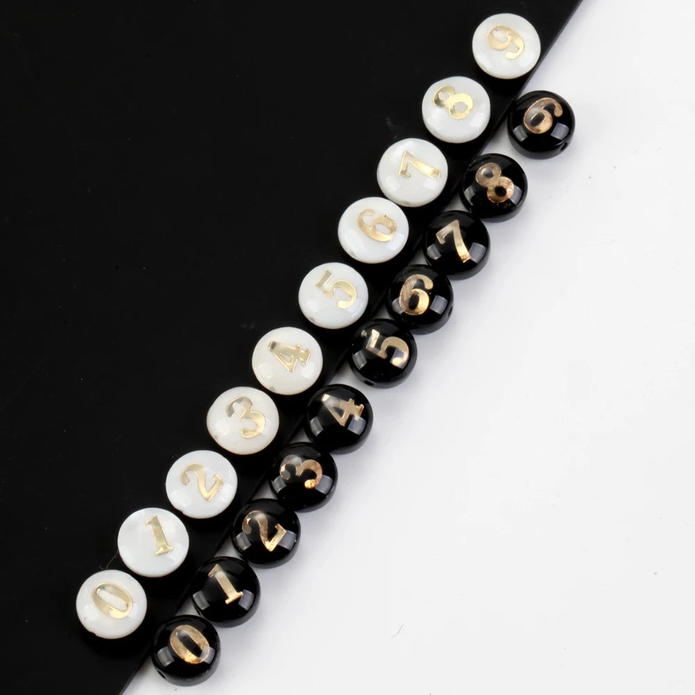 5pcs/lot 8mm Natural Shell Beads 0-9 Number White Black Round Shape Spacer Beads for Jewelry Making DIY Handmade Pendant