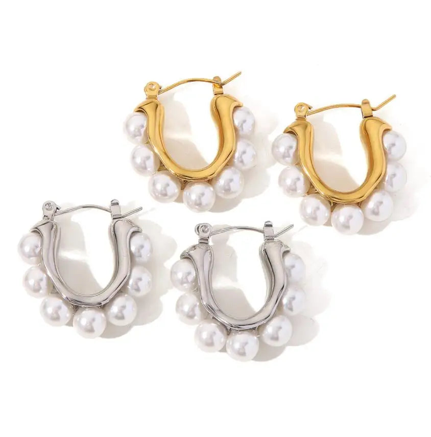 18K Gold Plated Retro Geometric Hoop Earrings Trendy CC Shaped Diamond and Pearls Heart Party Stainless Steel Jewelry Gift