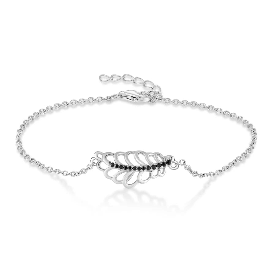 High Quality Rhodium Plated Black Cubic Zirconia Adjustable 925 Sterling Silver Leaf Bracelet for Women