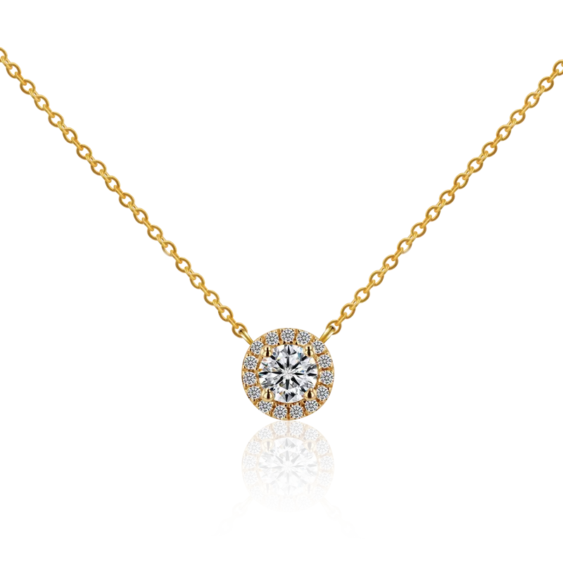 18k Yellow Gold Diamond Necklace Small Size Lab Grown Diamond with halo Melee Lab Diamond Pendant in Stock
