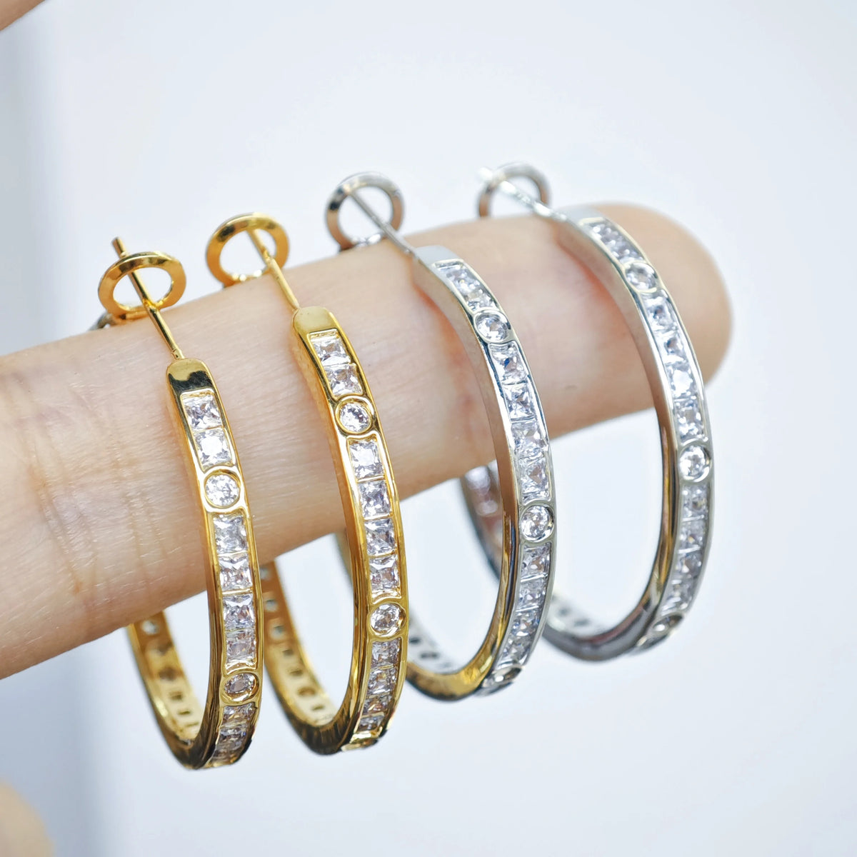Ilona Gold Silver Plated Copper Channel Set CZ Hoop Earring Baguette Round Cut Crystal Medium Hoops Minimalist Jewelry for Women MegaBDM