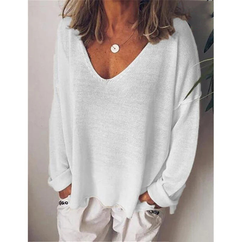 Autumn Women Solid Color Shirts Casual Loose Tops V-neck Blouses Long Sleeve T Shirt