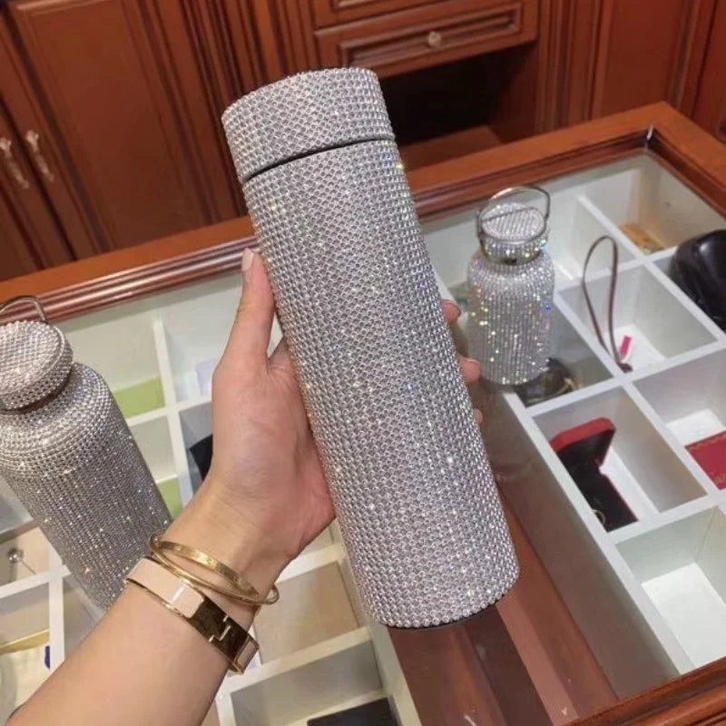 500ml Fashion Rhinestone Diamond Crystal Stainless Steel Water Bottle Flask Mug Smart Temperature Display Lid Gift Cup Women