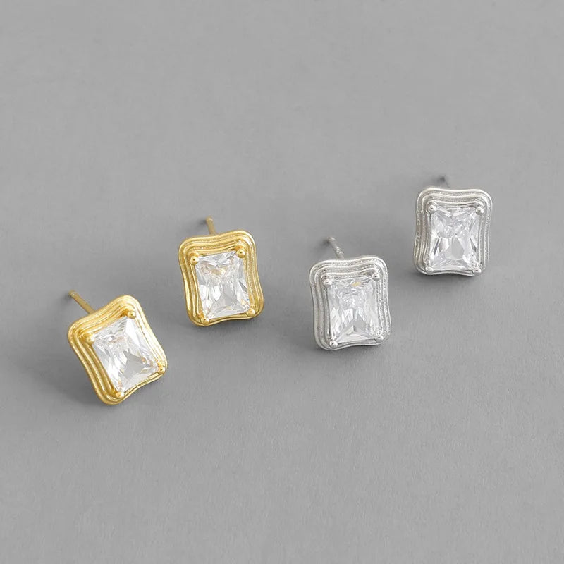 S925 Sterling Silver Stud Earrings for Women Vintage INS Simple Geometric Square Zircon Niche Silver Tempered Niche for Gifts