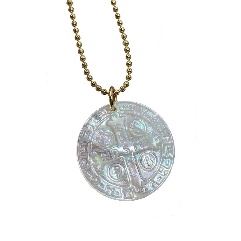 Custom Dainty Round Natural MOP Shell Pendant Christian Jesus Cross Necklace Women Jewelry