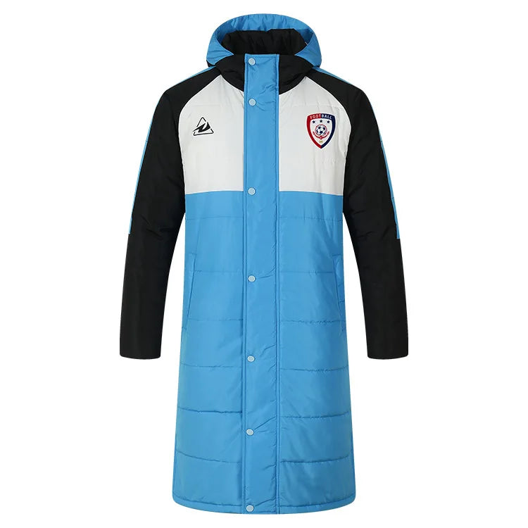 Wholesale Price Casual Sport Windproof  Long Cotton Jackets With Hood Custom Football Team Logo Winter Cotton-Padded Coats