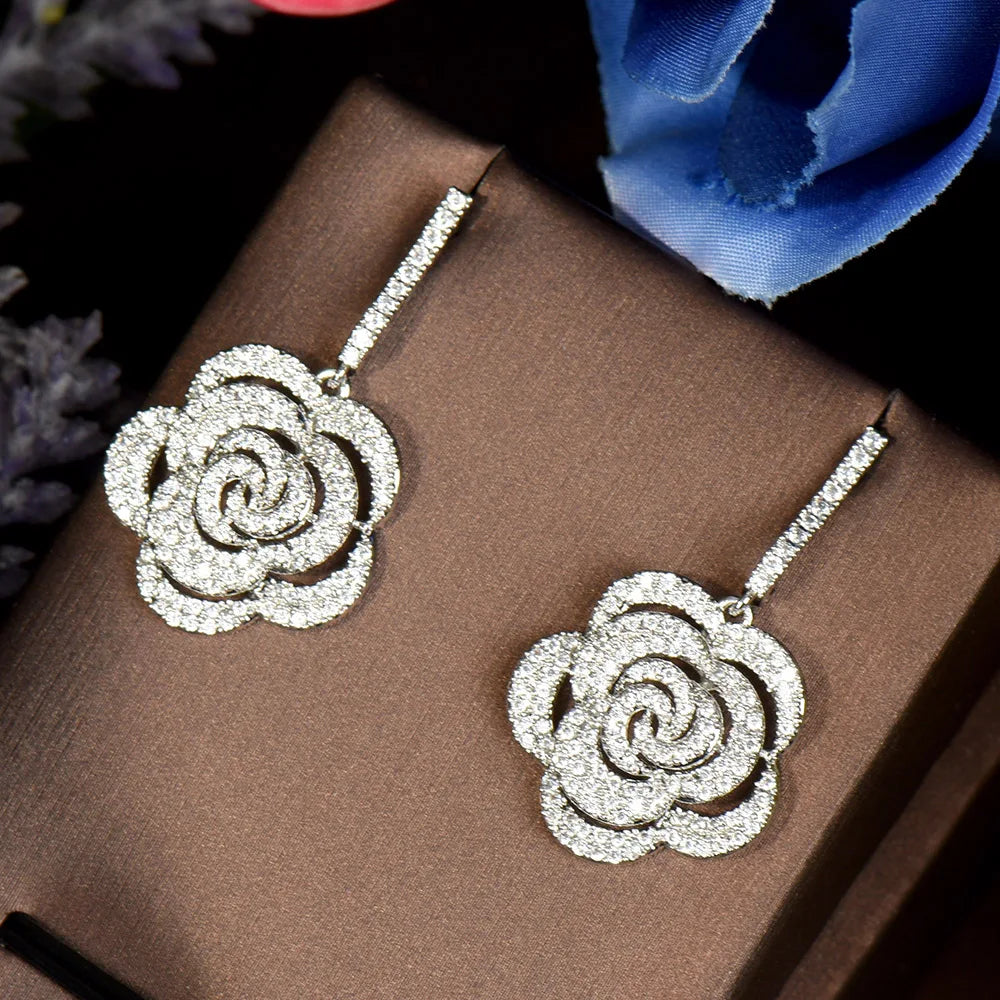 HIBRIDE Fashion Zirconia Wedding Long Drop Earrings for Women Silver Color Flower Shape Dangle Earring Party Jewelry E-668