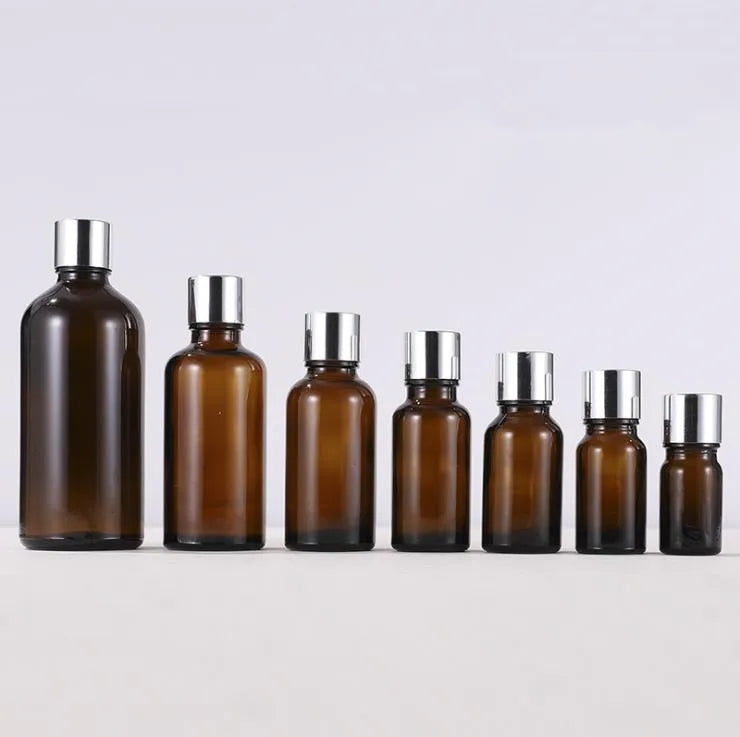Amber 5ml 10ml 15ml 20ml 30ml 50ml 100ml Glass Essential Oil Bottle With Silver Aluminium Screw Cap