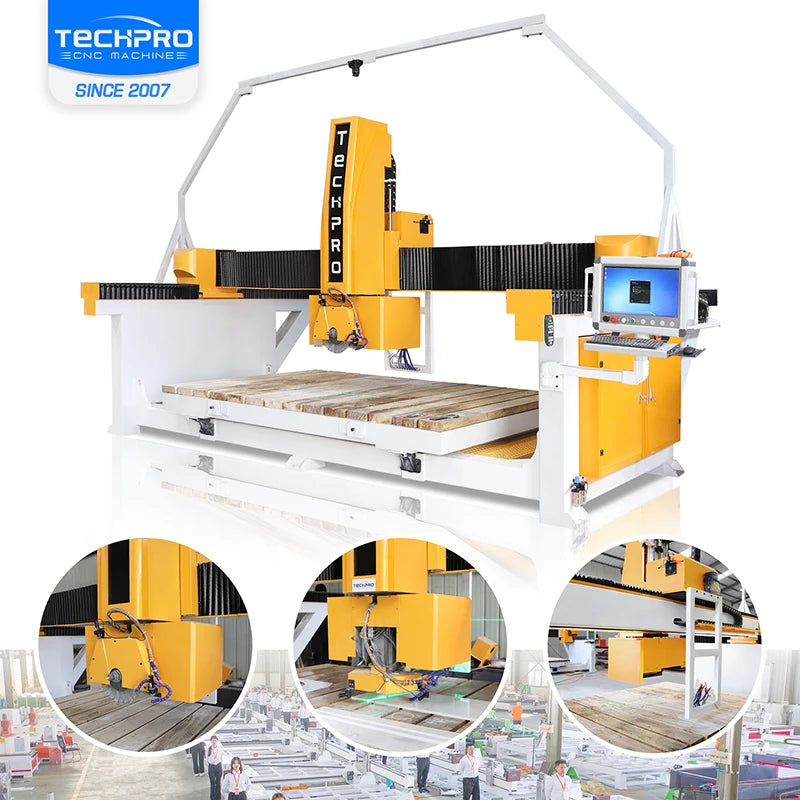 TECHPRO Automatic Stone Cutting CNC Marble Quartz Granite Router 5 Axis Bridge Saw 360 Degree Rotary Device Servo Engine Gear