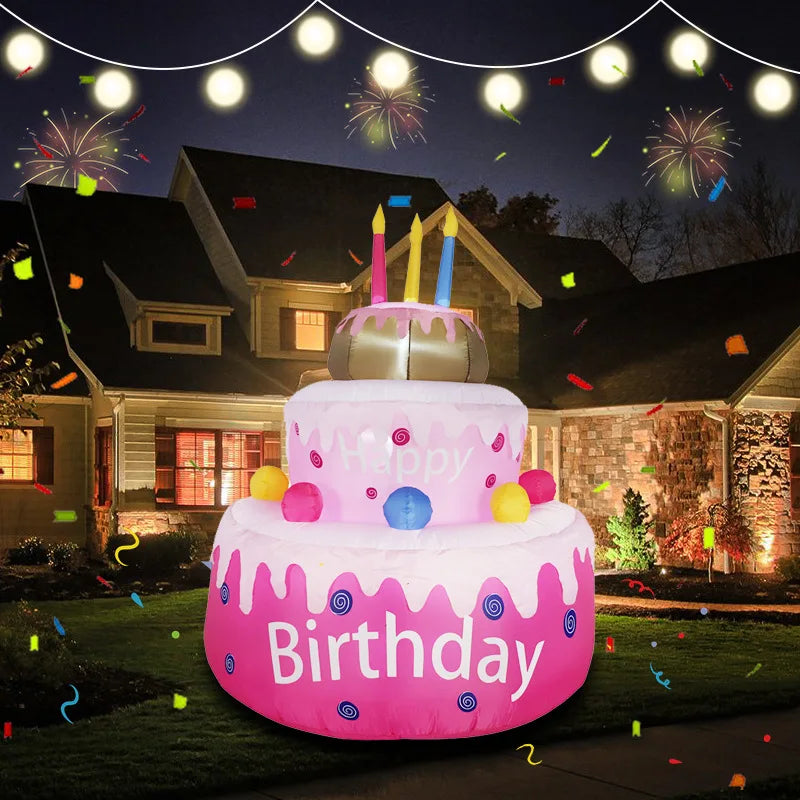 Large Outdoor Indoor Garden Yard Lawn Decorations LED Lights-Incorporated Birthday Cake Inflatables for Happy Birthday Parties