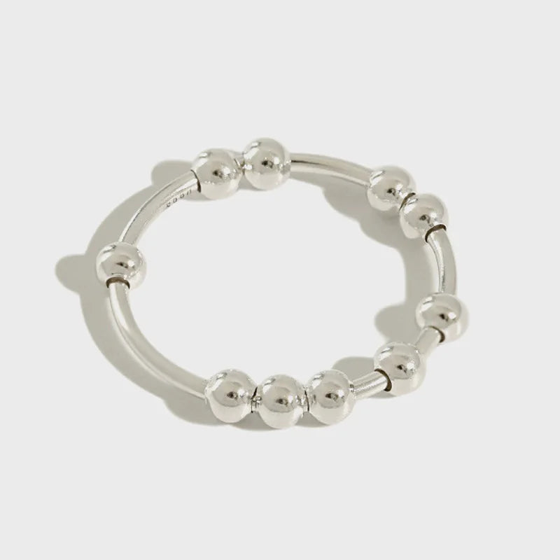 Korean Simple 925 Sterling Silver Beaded Rings for Women Reduce Anxiety Fidget Adjustable Beads Ring Spinner Jewelry