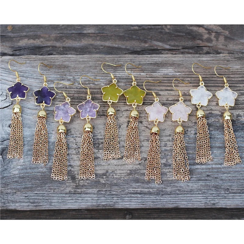 Bohemian Handmade Natural Amethyst Stone Star Charm Gold Chain Tassel Drop Earrings Designer Jewelry for Women Girls Wholesale