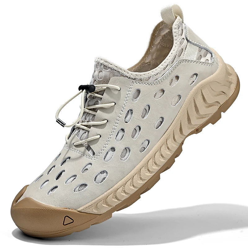 Factory Supply Custom LOGO Genuine Leather Mesh Upper Breathable Hand Made Sewing Men Cool Summer Shoes