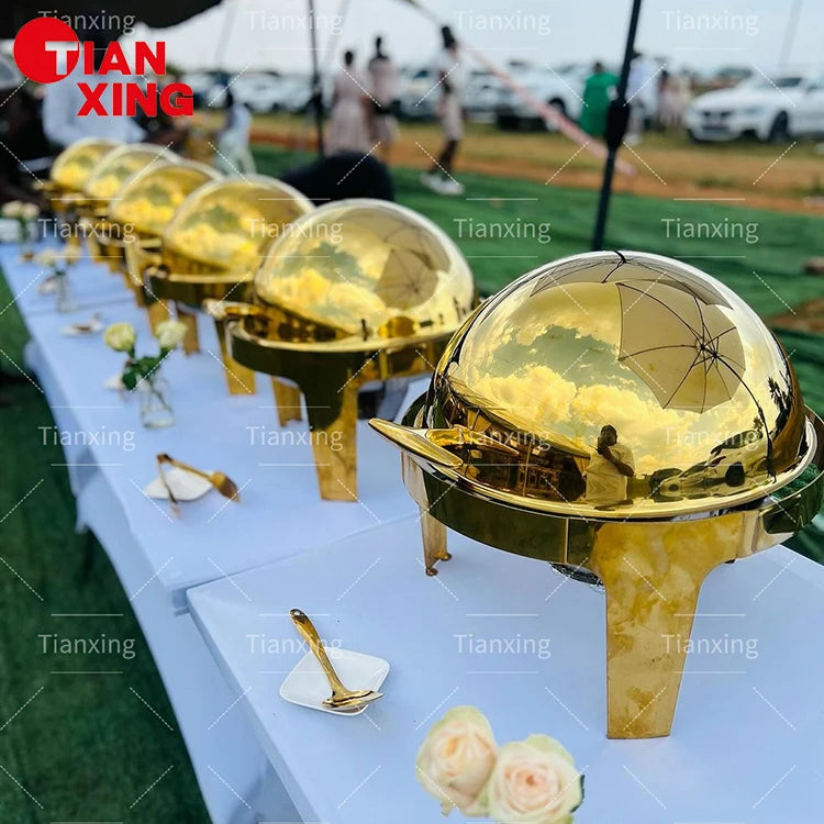 Wedding Party Catering Equipment Luxury 6L Round Chaffing Dish Food Warmer Roll Top Chafing Dish Buffet Set MegaBDM