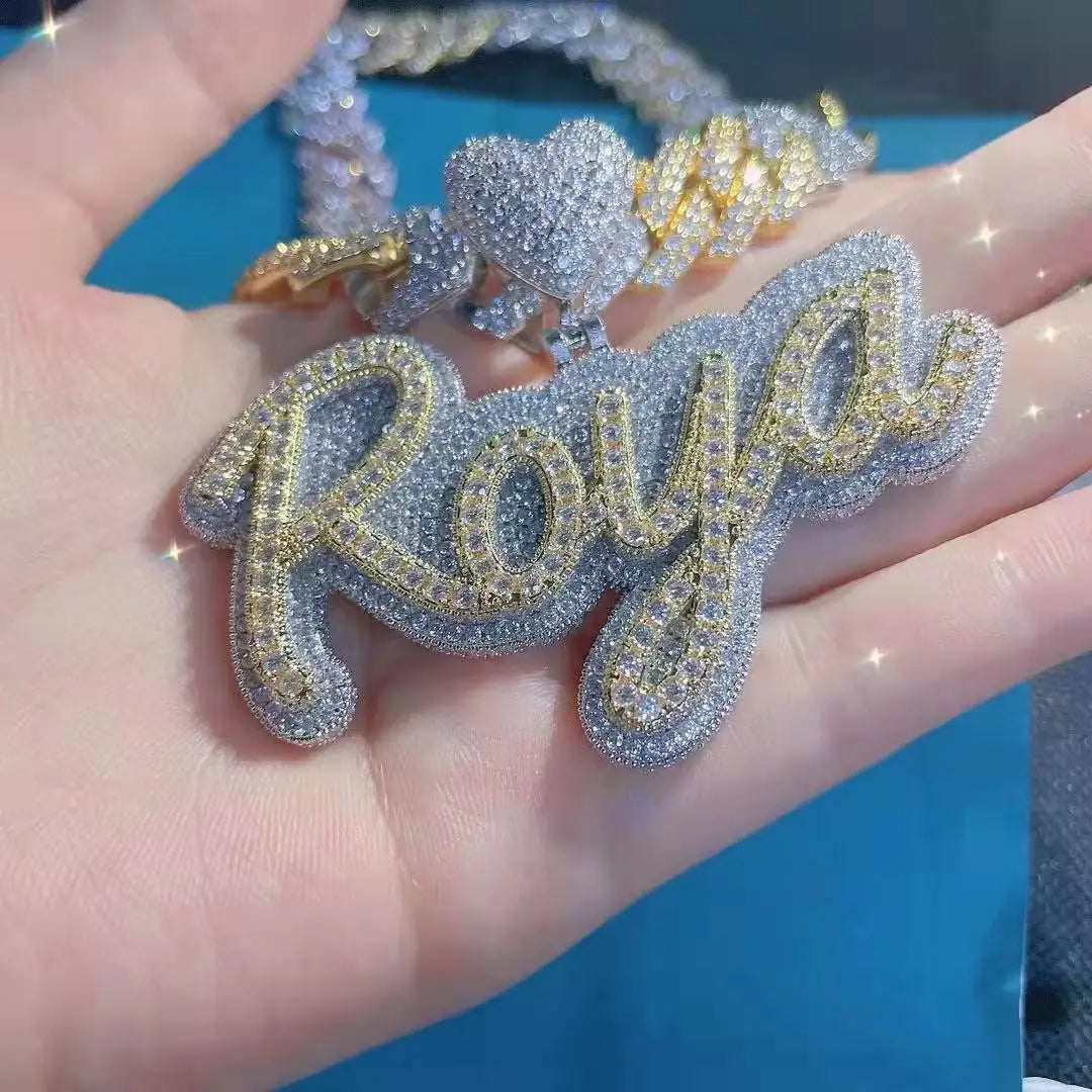 Hip Hop Necklace Full Rhinestone Diamond Capital Two-color CZ Love Button Baguette Iced Out Zircon Custom Letter Name Necklace