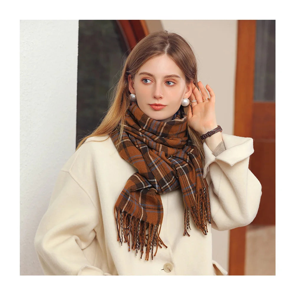 Elegant Designer Warm Soft Neck Scarves Shawl Blanket Ladies Plaid Tassel Cashmere Winter Scarf for Women