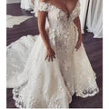 Luxury 3D Floral Beading Mermaid Wedding Dresses With Detachable Train 2021 Arabic Lace Court Train Off Shoulder Bridal Gowns