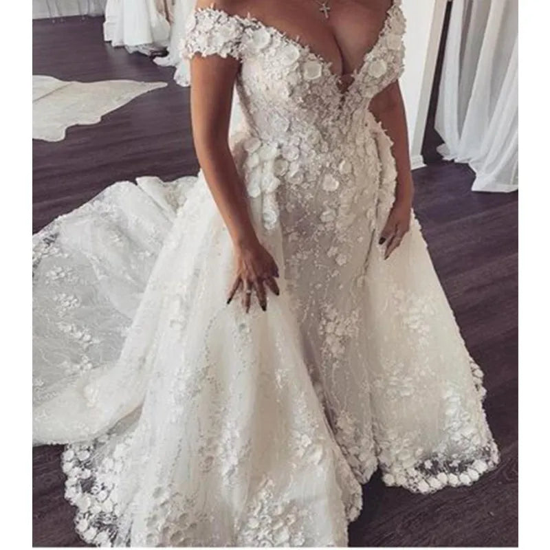 Luxury 3D Floral Beading Mermaid Wedding Dresses With Detachable Train 2021 Arabic Lace Court Train Off Shoulder Bridal Gowns