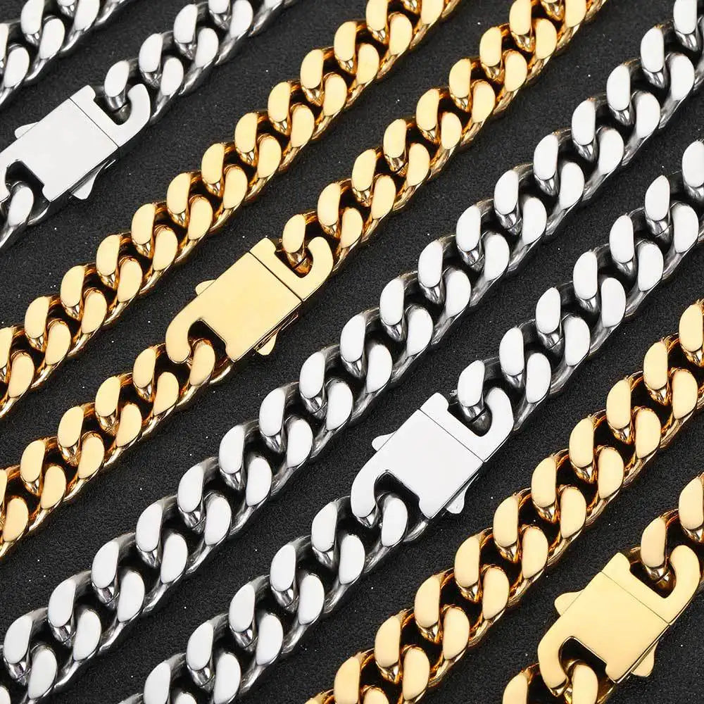 Hip Hop Stainless Steel Four Sides Grinding Cuban Chain Smooth Spring Buckle Titanium Steel Necklace Bracelet
