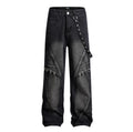 Distressed Jeans American High Street Metal Ring Buckle Hanging Strap Deconstruction and Splicing Men's Jeans Baggy